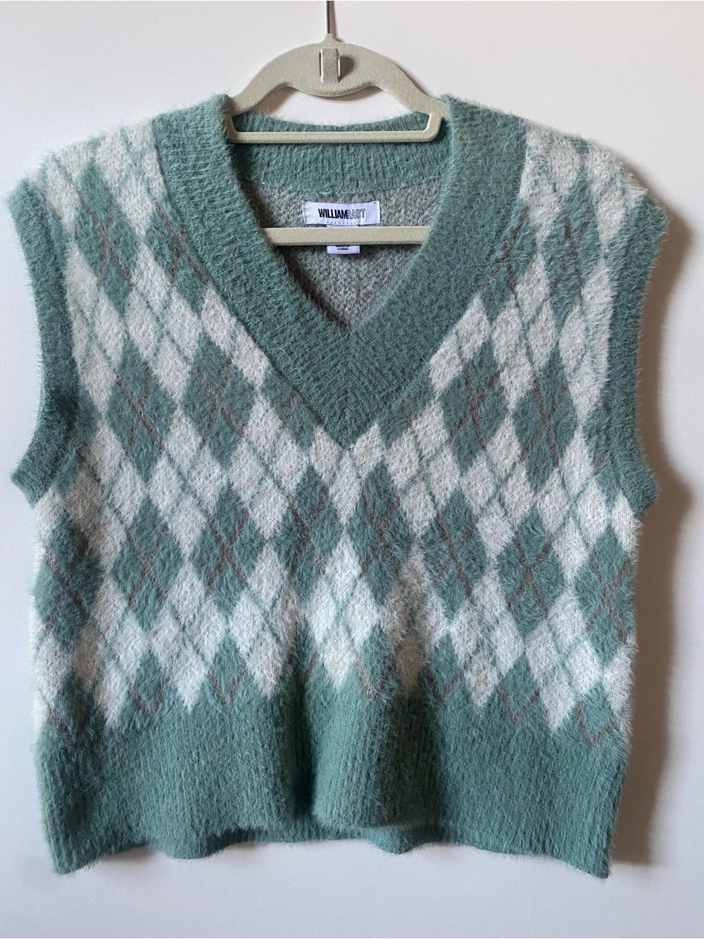William Rast Green & White Argyle V-Neck Sweater Vest